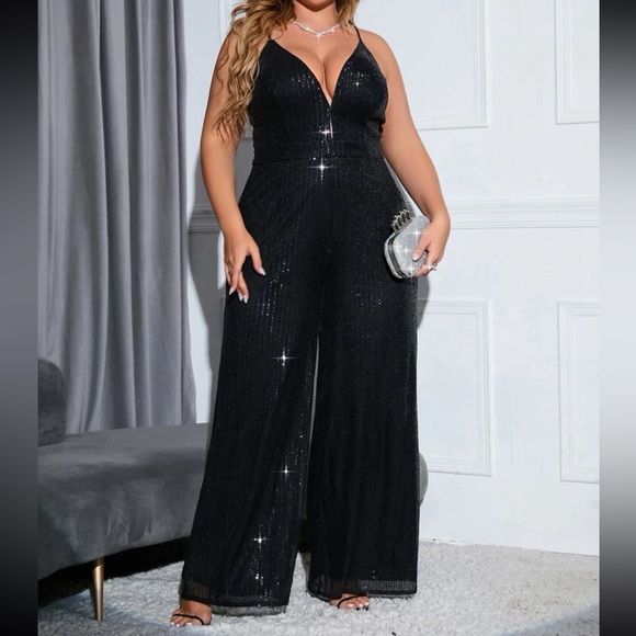 Pants - Plus Size Sequin Plunge Neckline Backless Wide Leg Pants Jumpsuit Dress